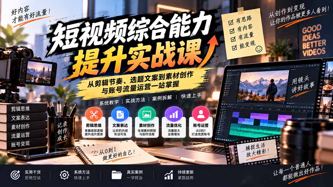 短视频综合能力提升实战课：从剪辑节奏、选题文案到素材创作与账号流量运营一站掌握-程拾网络