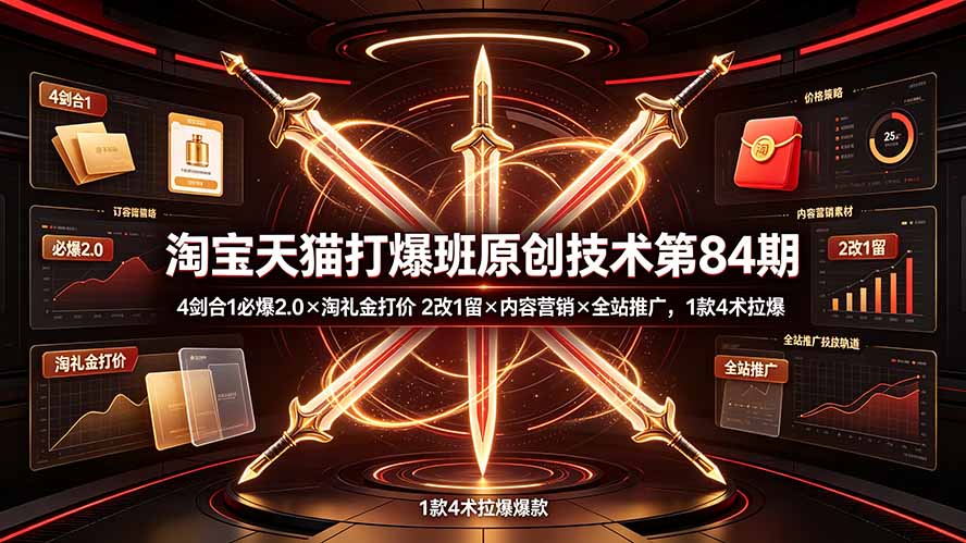 淘宝天猫打爆班原创技术第84期：4剑合1必爆2.0×淘礼金打价×2改1留×内容营销×全站推广，1款4术拉爆-程拾网络