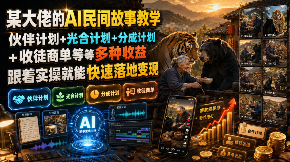某大佬的AI民间故事教学，伙伴计划+光合计划+分成计划+收徒商单等多种收益，跟着实操就能快速落地变现-程拾网络