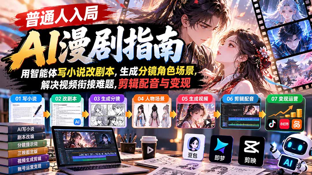 【无水印】普通人入局AI漫剧指南:用智能体写小说改剧本,生成分镜角色场景,解决视频衔接难题,剪辑配音与变现-程拾网络