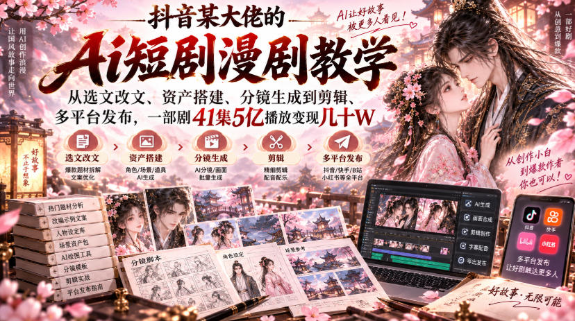 【精】抖音某大佬的Ai短剧漫剧教学,从选文改文、资产搭建、分镜生成到剪辑、多平台发布,一部剧41集5亿播放变现几十W-程拾网络
