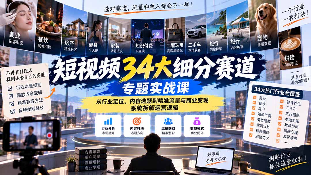 短视频34大细分赛道专题实战课：从行业定位、内容选题到精准流量与商业变现，系统拆解运营逻辑-程拾网络