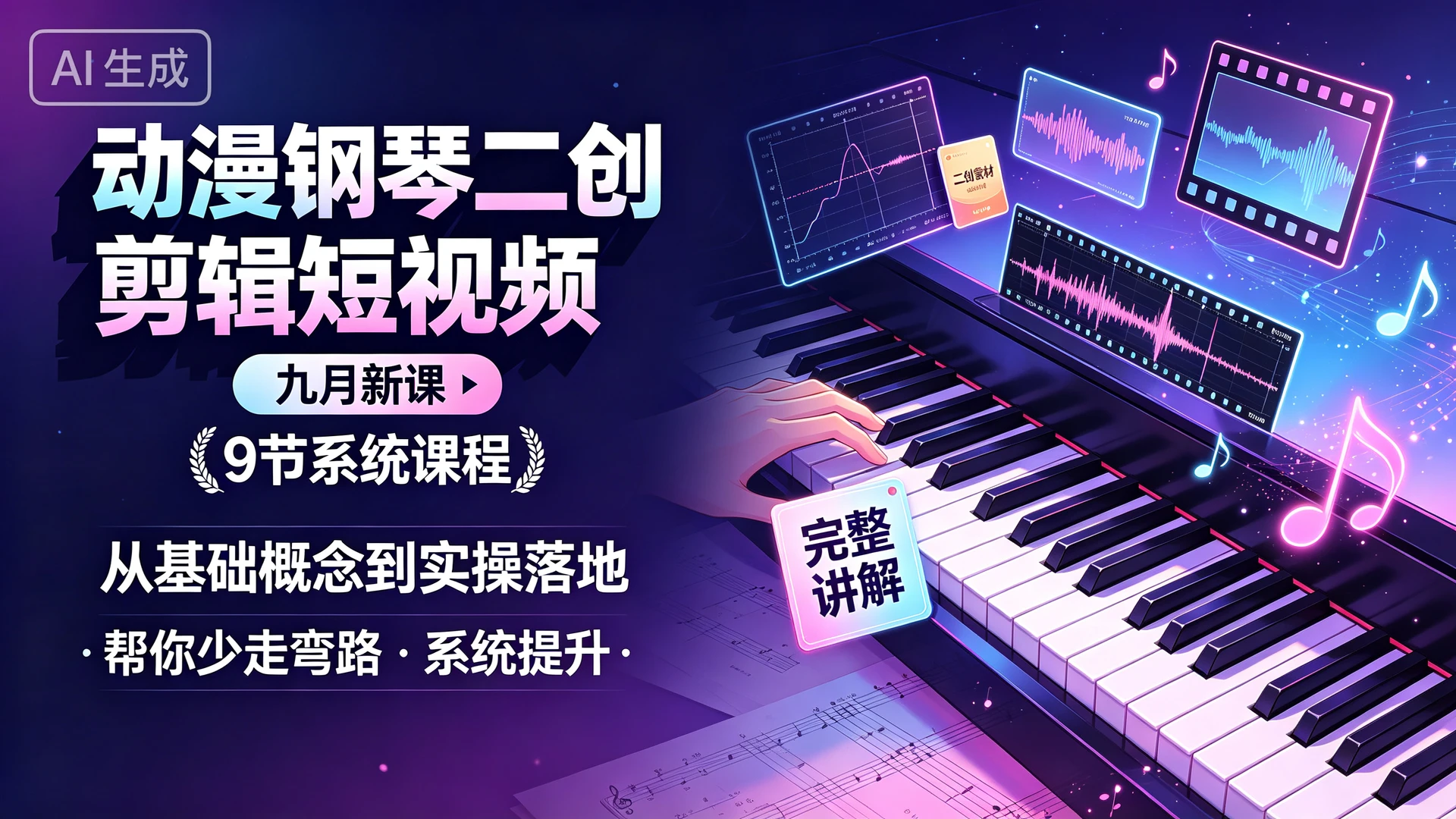 动漫钢琴二创剪辑短视频 九月新课,9 节系统课程,从基础概念到实操落地完整讲解,帮你少走弯路系统提升-程拾网络