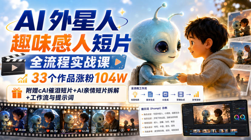【精】AI外星人趣味感人短片全流程实战课,33个作品涨粉104W,附赠AI催泪短片+AI亲情短片拆解+工作流与提示词-程拾网络