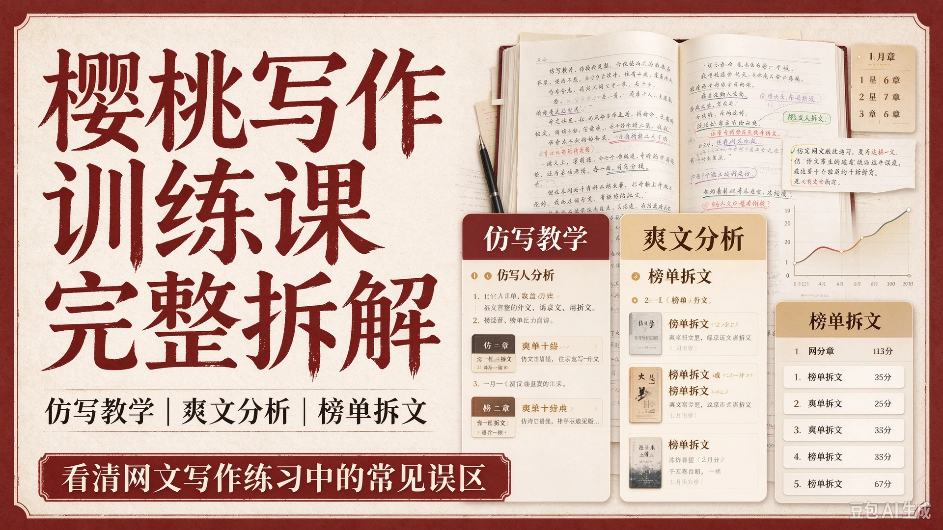 【精】樱桃写作训练课完整拆解,包含仿写教学、爽文分析与榜单拆文,帮写作者看清网文写作练习中的常见误区-程拾网络