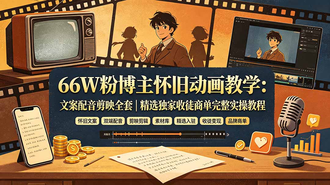 【精】66W粉博主怀旧动画教学：文案配音剪映全套｜精选独家收徒商单完整实操教程-程拾网络