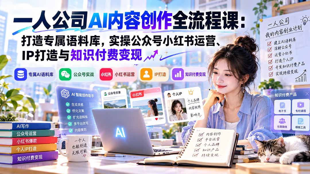 一人公司AI内容创作全流程课:打造专属语料库,实操公众号小红书运营、IP打造与知识付费变现方法论-程拾网络