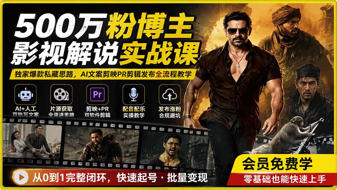 500万粉博主影视解说实战课｜独家爆款私藏思路，AI文案剪映PR剪辑发布全流程教学-程拾网络