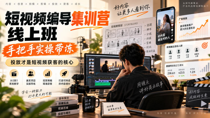 【精】短视频编导集训营线上班,手把手实操带冻,投放才是短视频获客的核心-程拾网络