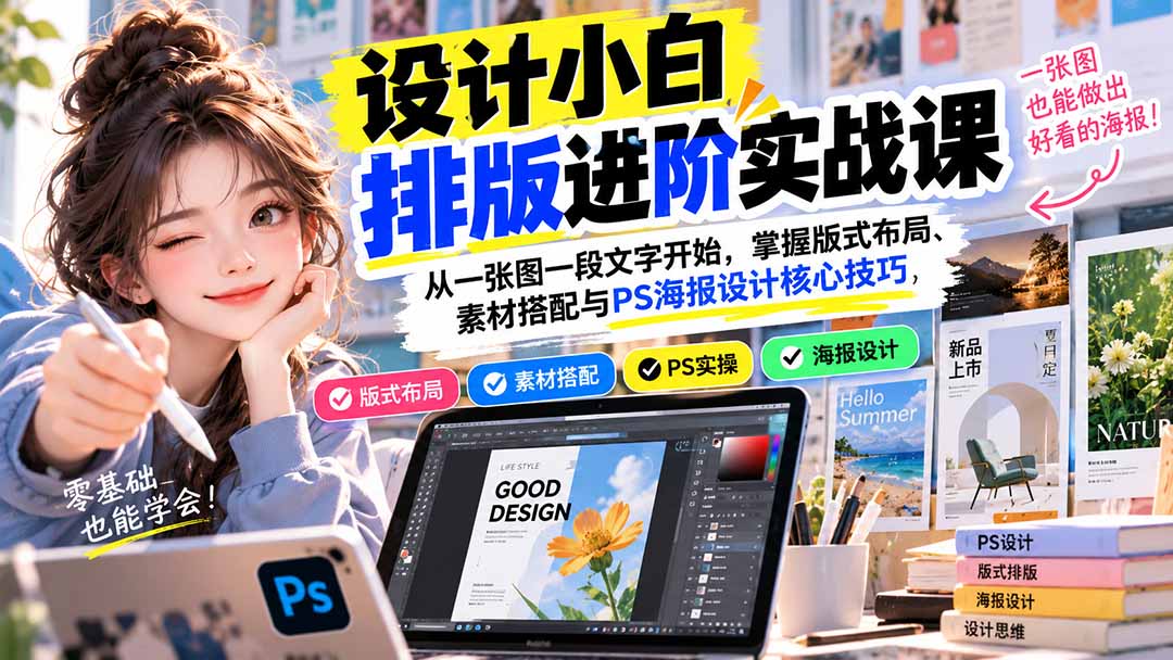 设计小白排版进阶实战课:从一张图一段文字开始,掌握版式布局、素材搭配与PS海报设计核心技巧-程拾网络