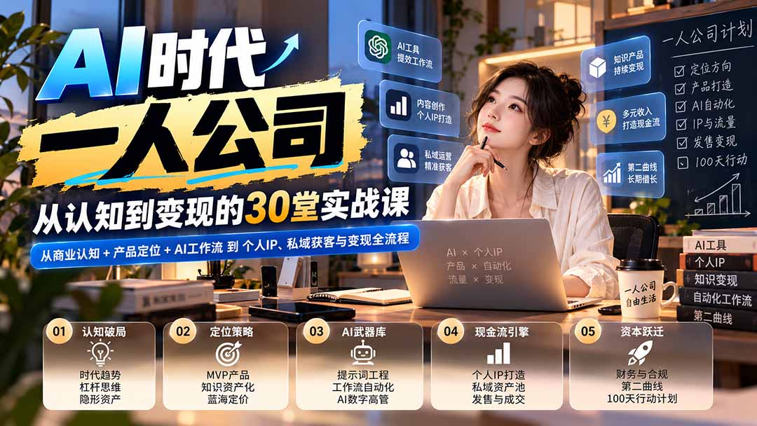 【无水印】AI时代一人公司30堂实战课:从商业认知+产品定位+AI工作流到个人IP、私域获客与变现全流程-程拾网络