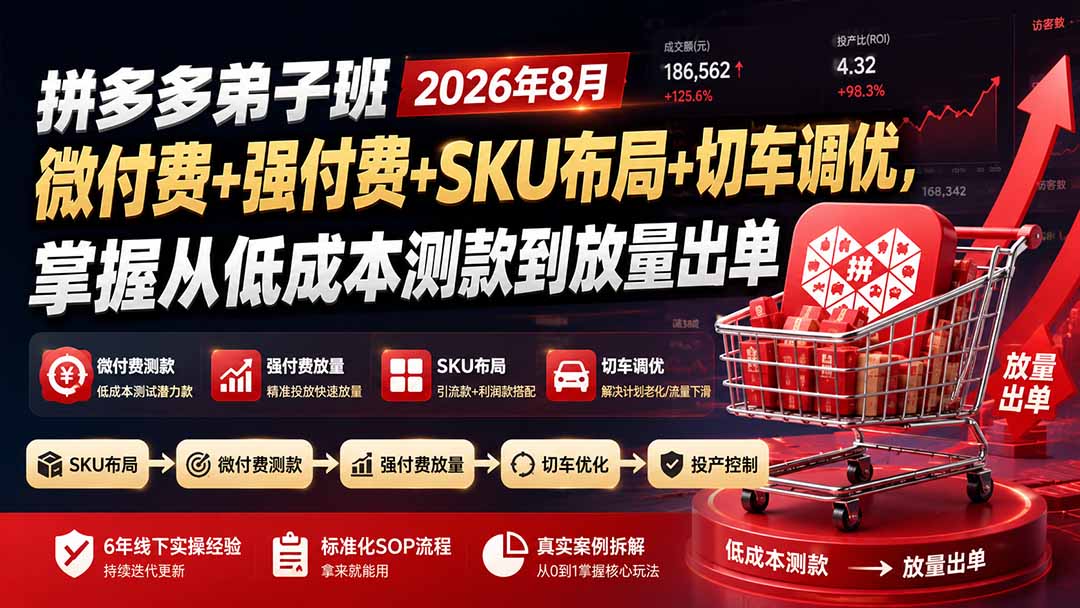 拼多多弟子班2026年8月：微付费+强付费+SKU布局+切车调优，掌握从低成本测款到放量出单-程拾网络
