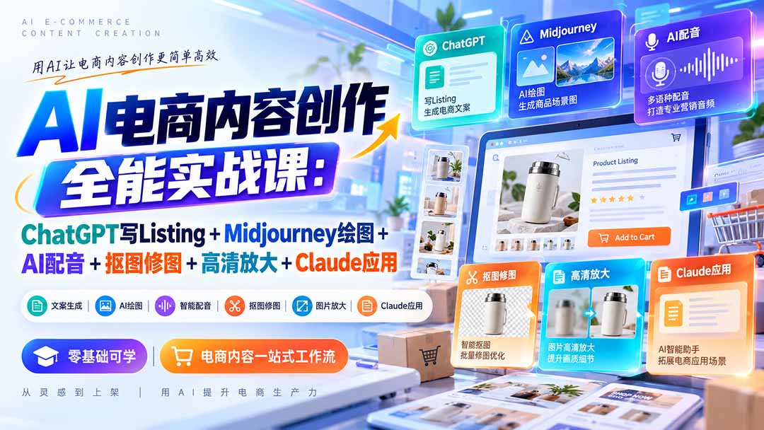【无水印】AI电商内容创作全能实战课:ChatGPT写Listing+Midjourney绘图+AI配音+抠图修图+高清放大+Claude应用-程拾网络