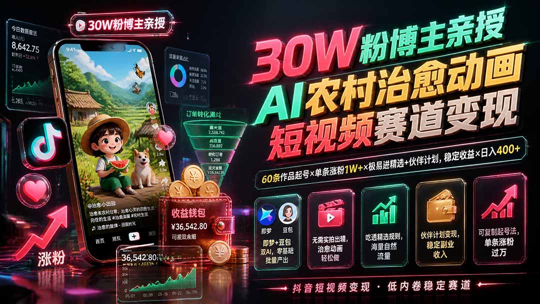 30W粉博主亲授AI农村治愈动画短视频赛道变现：60条作品起号×单条涨粉1W+×极易进精选+伙伴计划，稳定收益×日入400+-程拾网络