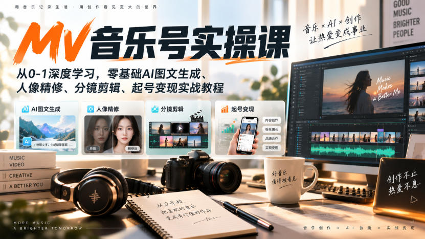 【精】AI MV音乐号实操课,从0-1深度学习,零基础AI图文生成、人像精修、分镜剪辑、起号变现实战教程-程拾网络