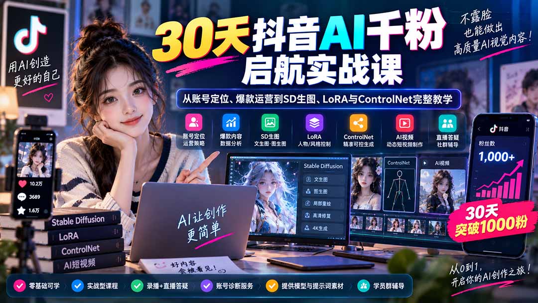 30天抖音AI千粉启航实战课：从账号定位、爆款运营到SD生图、LoRA与ControlNet完整教学-程拾网络