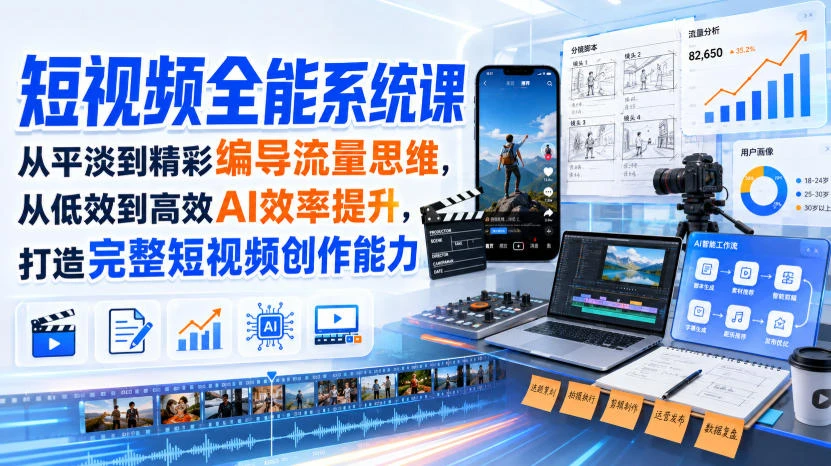 【精】短视频全能系统课,从平淡到精彩编导流量思维,从低效到高效AI效率提升,打造完整短视频创作能力(完整版)-程拾网络