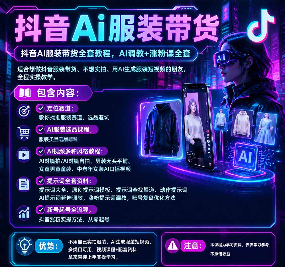 不用真人出镜的抖音AI服装带货课:AI对镜自拍、童装男装女装视频制作、起号涨粉,附提示词大全与调教模板-程拾网络