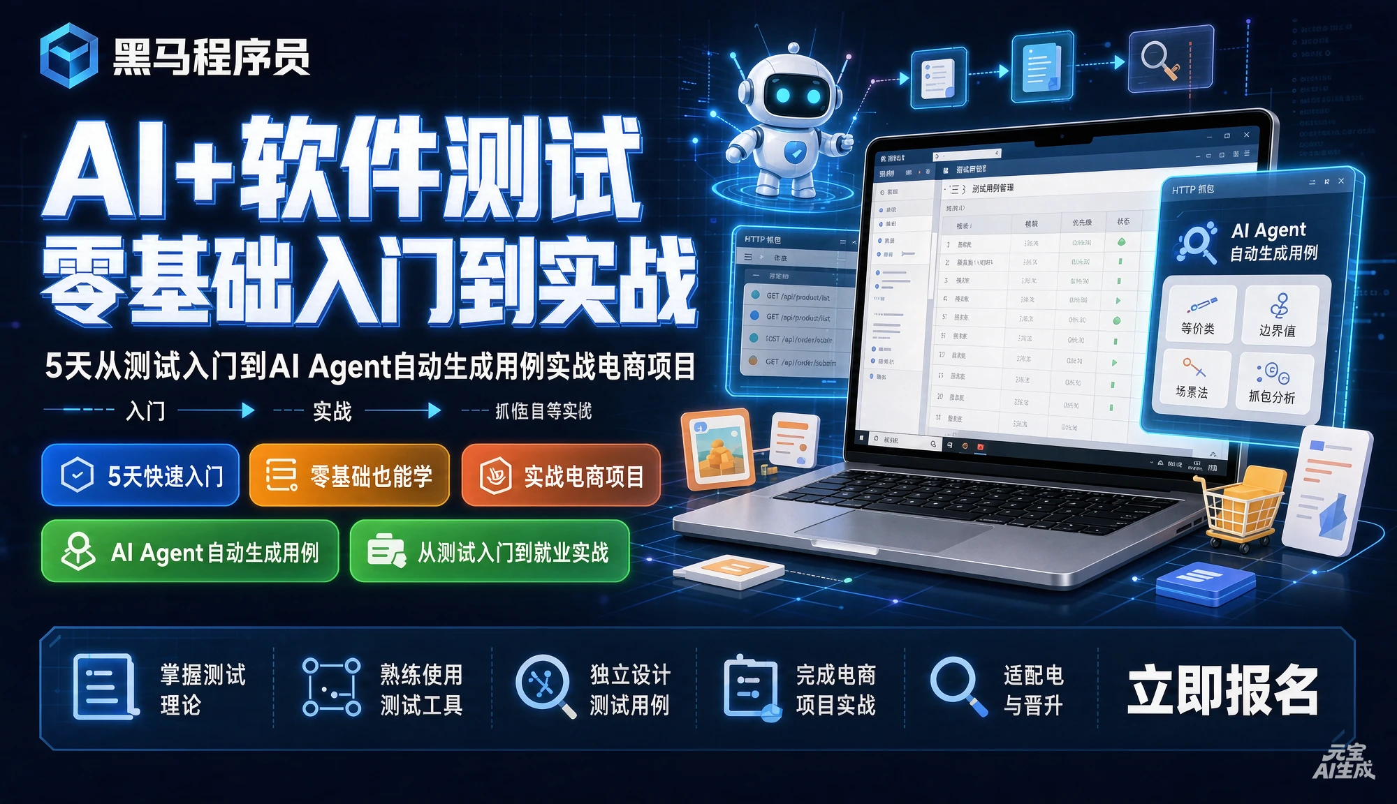 【精】黑马程序员AI+软件测试零基础入门到实战,5天从测试入门到AI Agent自动生成用例实战电商项目,等价类、边界值、抓包等全覆盖-程拾网络