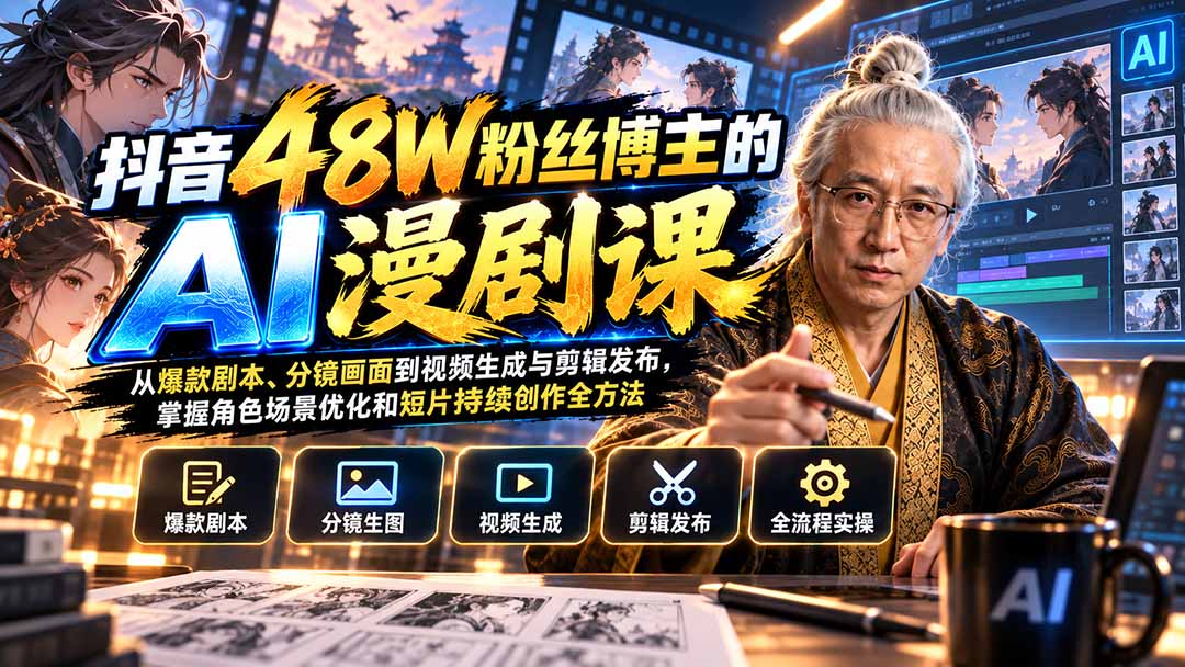抖音48W粉丝博主的AI漫剧课：从爆款剧本、分镜画面到视频生成与剪辑发布，掌握角色场景优化和短片持续创作全方法-程拾网络
