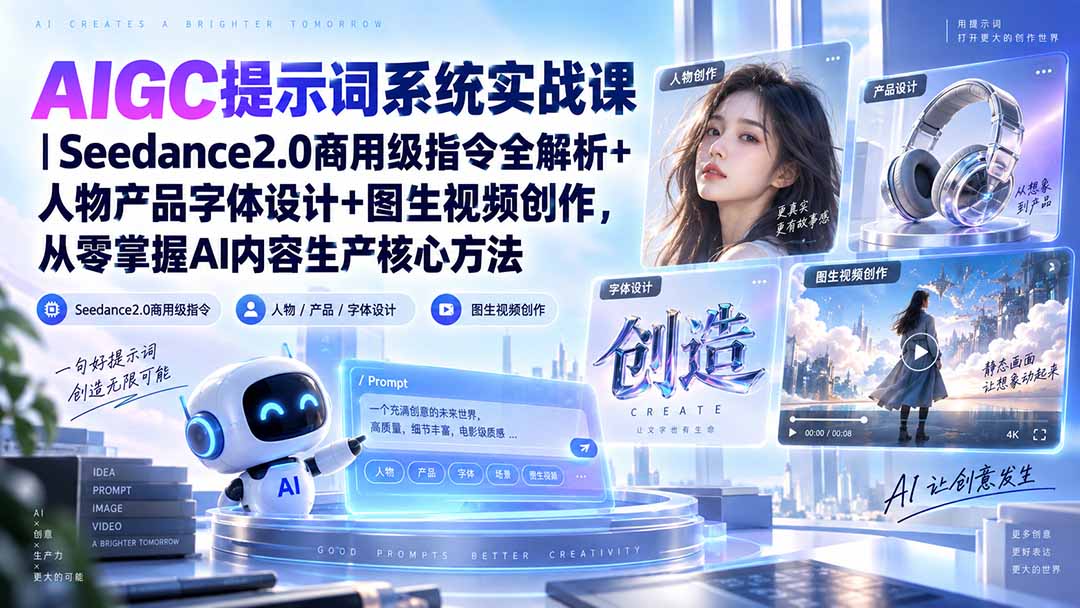 AIGC提示词系统实战课-无水印|Seedance2.0商用级指令全解析+人物产品字体设计+图生视频创作,掌握AI内容生产方法-程拾网络