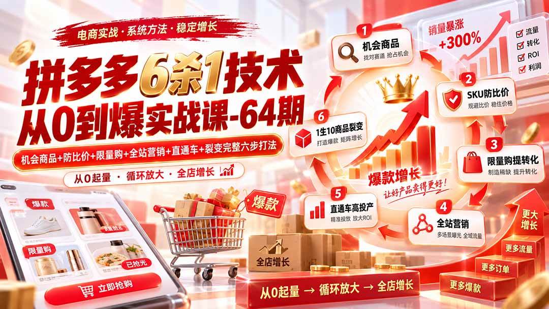（20315期）拼多多6杀1技术从0到爆实战课-64期：机会商品+防比价+限量购+全站营销+直通车+裂变完整六步打法-程拾网络