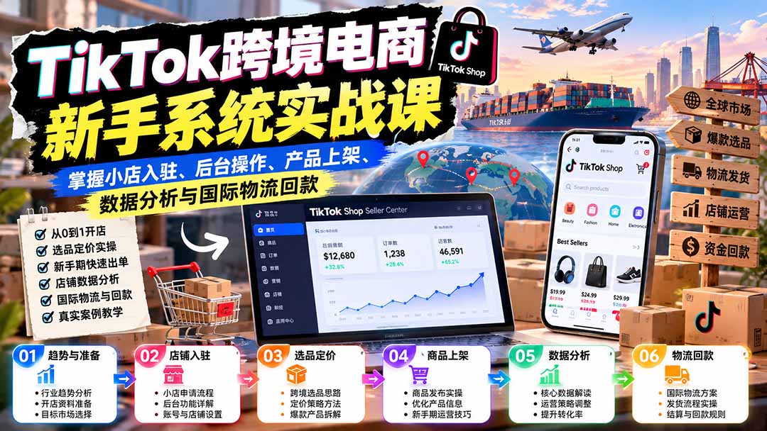TikTok跨境电商新手系统实战课：掌握小店入驻、后台操作、产品上架、数据分析与国际物流回款-程拾网络