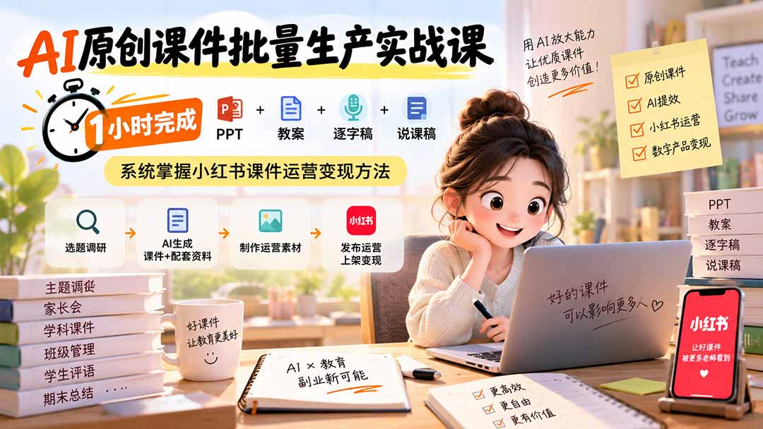 AI原创课件批量生产实战课：1小时完成PPT+教案+逐字稿+说课稿，系统掌握小红书课件运营变现方法-程拾网络