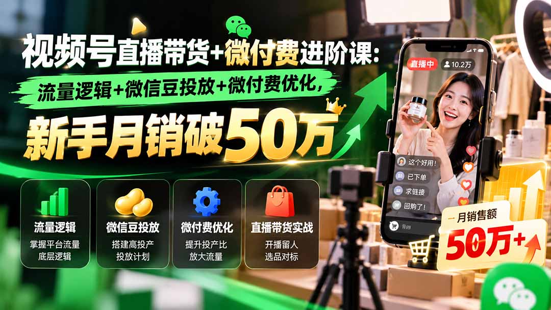 视频号直播带货+微付费进阶课-更新1010：流量逻辑+微信豆投放+微付费优化，新手月销破50万-程拾网络