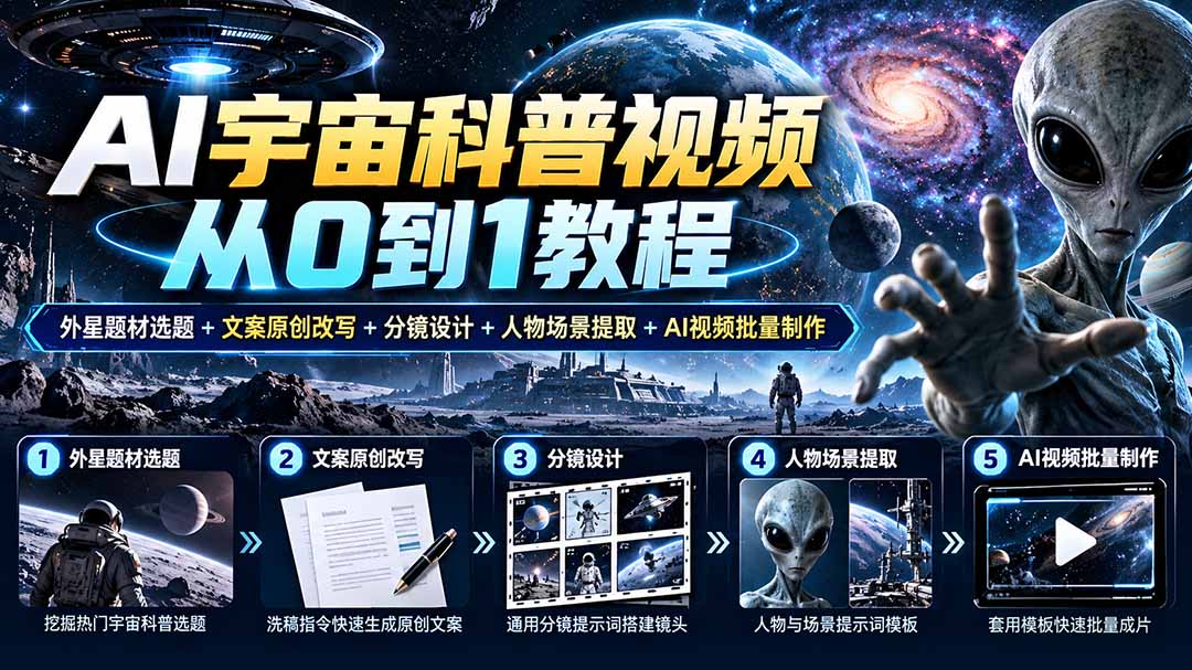 AI宇宙科普视频从0到1教程|外星题材选题+文案原创改写+分镜设计+人物场景提取+AI视频批量制作-程拾网络