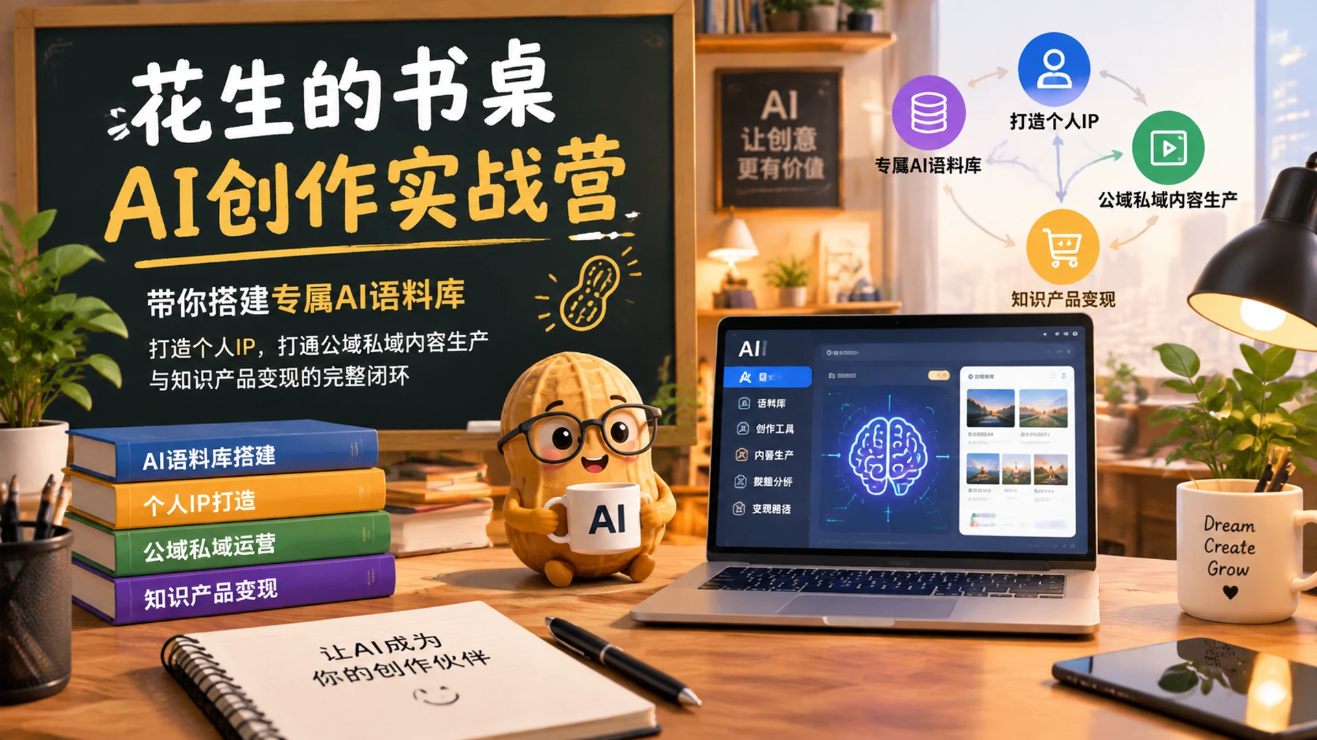 【精】花生的书桌 – AI创作实战营,带你搭建专属AI语料库打造个人IP,打通公域私域内容生产与知识产品变现的完整闭环-程拾网络