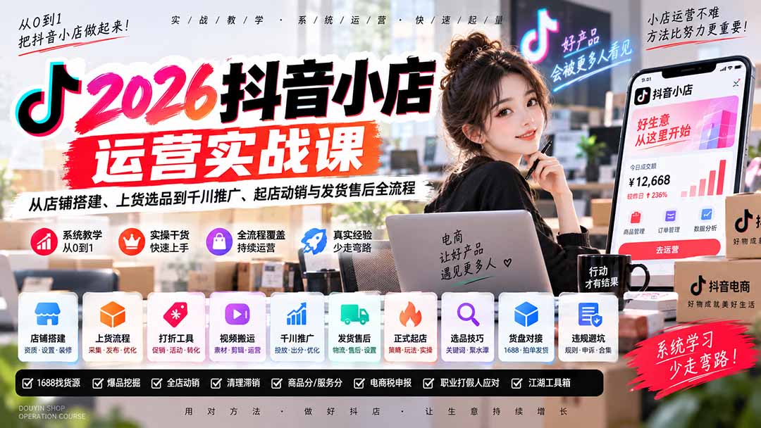 2026抖音小店运营实战课｜从店铺搭建、上货选品到千川推广、起店动销与发货售后全流程-程拾网络