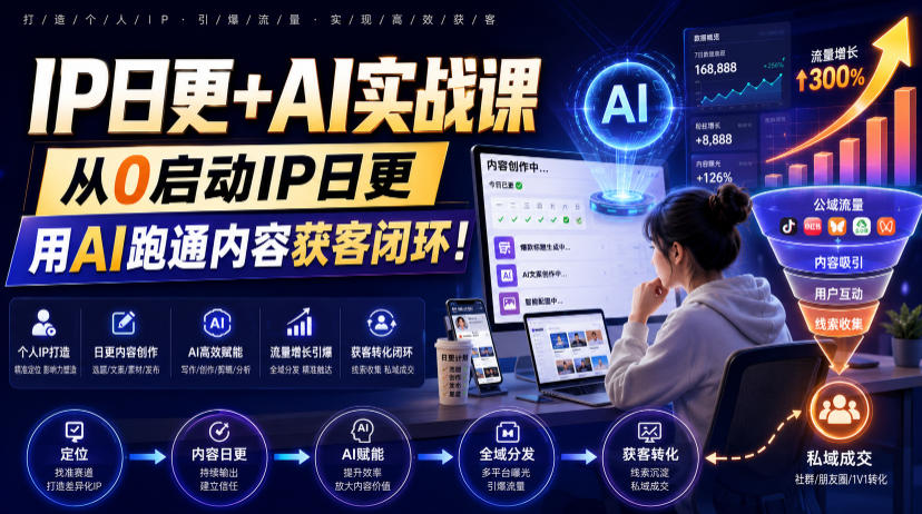 IP日更+AI实战课，从0启动IP日更，IP置顶视频制作+100条选题库搭建+10条日更规划，用AI跑通内容获客闭环!-程拾网络