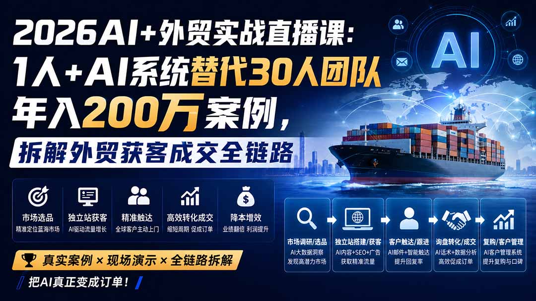 2026AI+外贸实战直播课：1人+AI系统替代30人团队年入200万案例，拆解外贸获客成交全链路-程拾网络