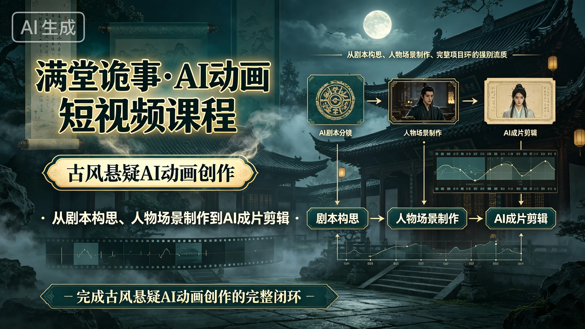 【精】满堂诡事・AI动画短视频课程，带你从剧本构思、人物场景制作到AI成片剪辑，完成古风悬疑AI动画创作的完整闭环-程拾网络