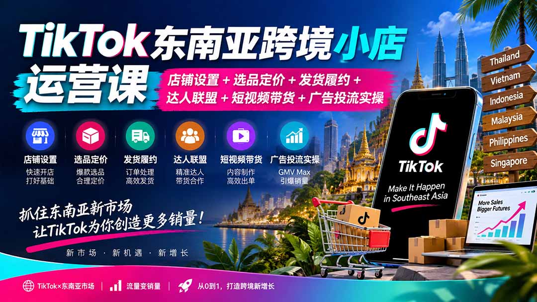 TikTok东南亚跨境小店运营课：店铺设置+选品定价+发货履约+达人联盟+短视频带货+广告投流实操-程拾网络