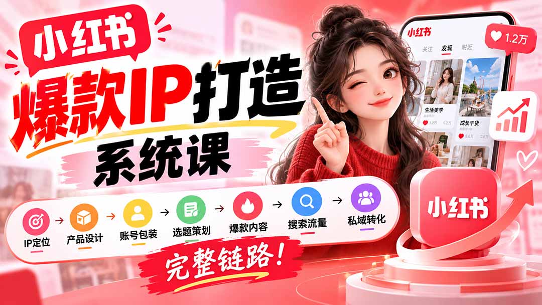 【无水印】小红书爆款IP打造课：IP定位→产品设计→账号包装→选题策划→爆款内容→搜索流量→私域转化，完整链路-程拾网络