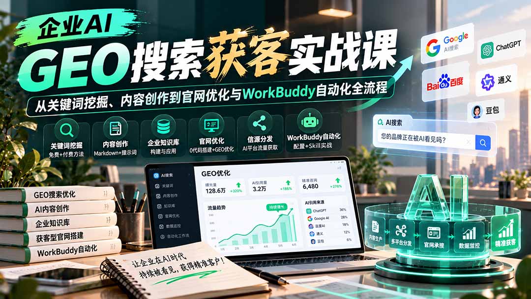 企业AI GEO搜索获客实战课：从关键词挖掘、内容创作到官网优化与WorkBuddy自动化全流程-程拾网络