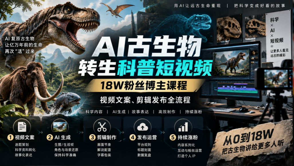 古生物AI科普短视频教学,带你从零基础到精通AI视频制作,实现古生物科普短视频制作的完整闭环,共2课时-程拾网络