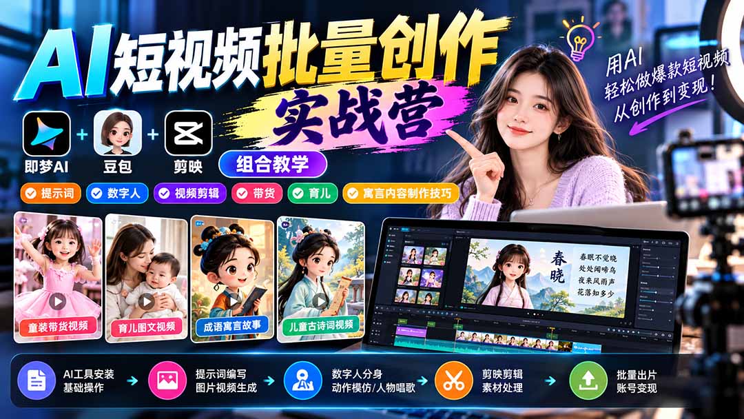 【无水印】AI短视频批量创作实战营:即梦+豆包+剪映组合教学,提示词/数字人/视频剪辑/带货/育儿/寓言内容制作技巧-程拾网络