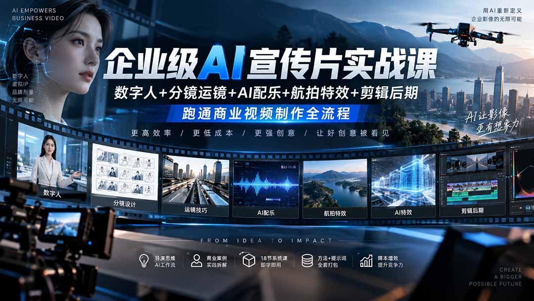 企业级AI宣传片实战课|数字人+分镜运镜+AI配乐+航拍特效+剪辑后期,跑通商业视频制作全流程-程拾网络