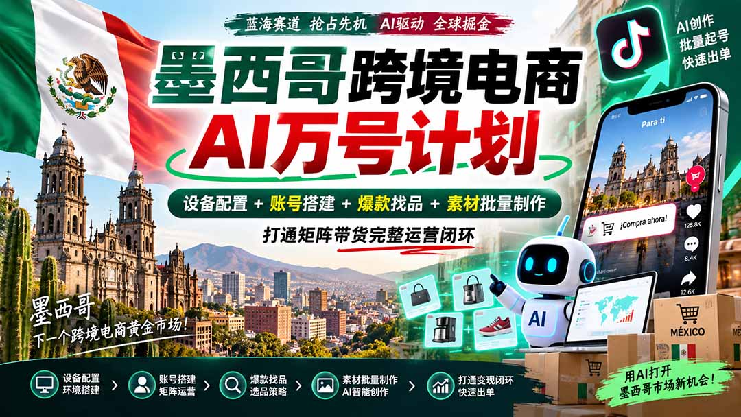 墨西哥AI跨境电商万号计划｜设备配置+账号搭建+爆款找品+素材批量制作，打通矩阵带货完整运营闭环-程拾网络