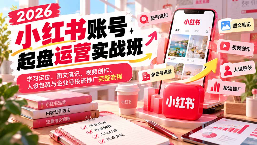 2026小红书账号起盘运营实战班：学习定位、图文笔记、视频创作、人设包装与企业号投流推广完整流程-程拾网络