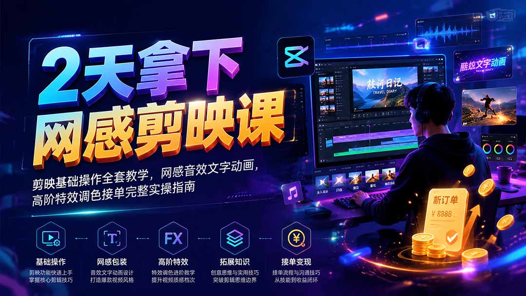 2天拿下网感剪辑课｜剪映基础操作全套教学，网感音效文字动画，高阶特效调色接单完整实操指南-程拾网络
