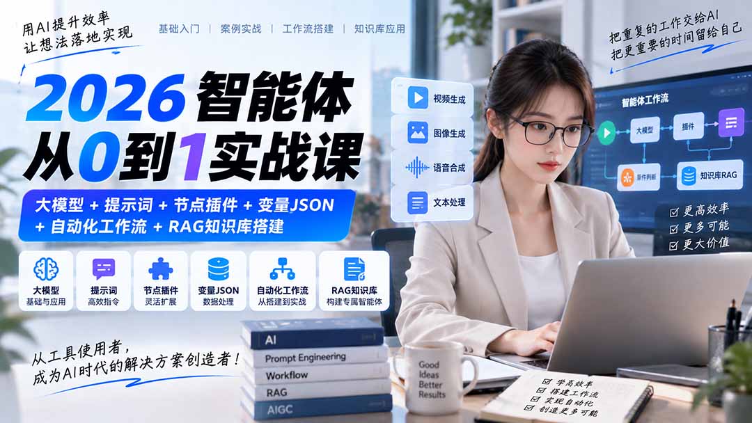 2026智能体从0到1实战课|大模型+提示词+节点插件+变量JSON+自动化工作流+RAG知识库搭建-程拾网络