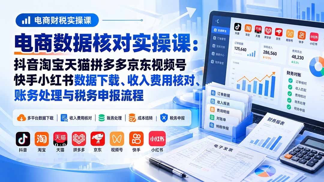 电商数据核账实操课:抖音淘宝天猫拼多多京东视频号快手小红书数据下载、收入费用核对、账务处理与税务申报流程-程拾网络