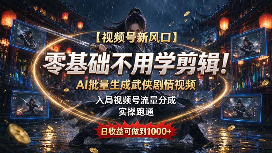 【视频号新风口】零基础不用学剪辑!AI 批量生成武侠剧情视频,入局视频号流量分成,实操跑通,日收益可做到 1000+-程拾网络