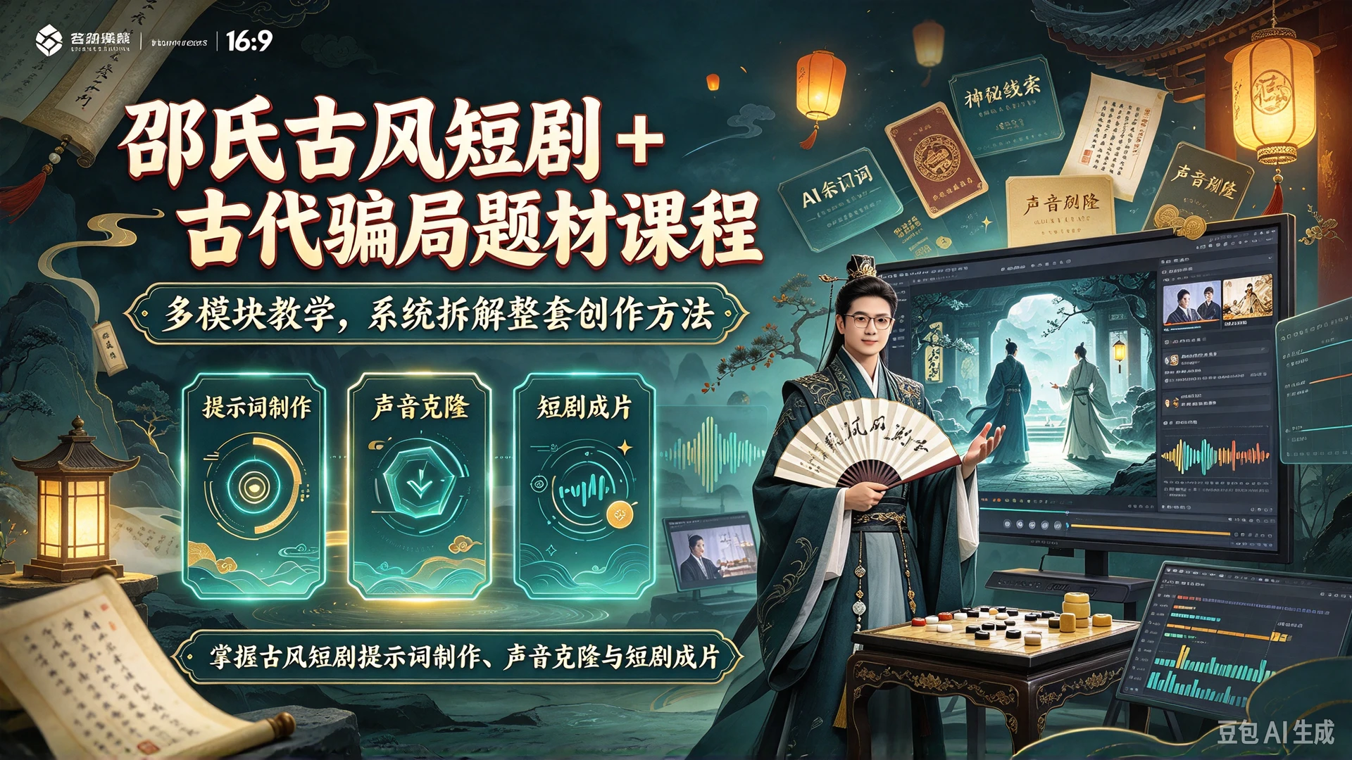 【精】邵氏古风短剧 + 古代骗局题材课程,多模块教学,掌握古风短剧提示词制作、声音克隆与短剧成片的整套创作方法-程拾网络