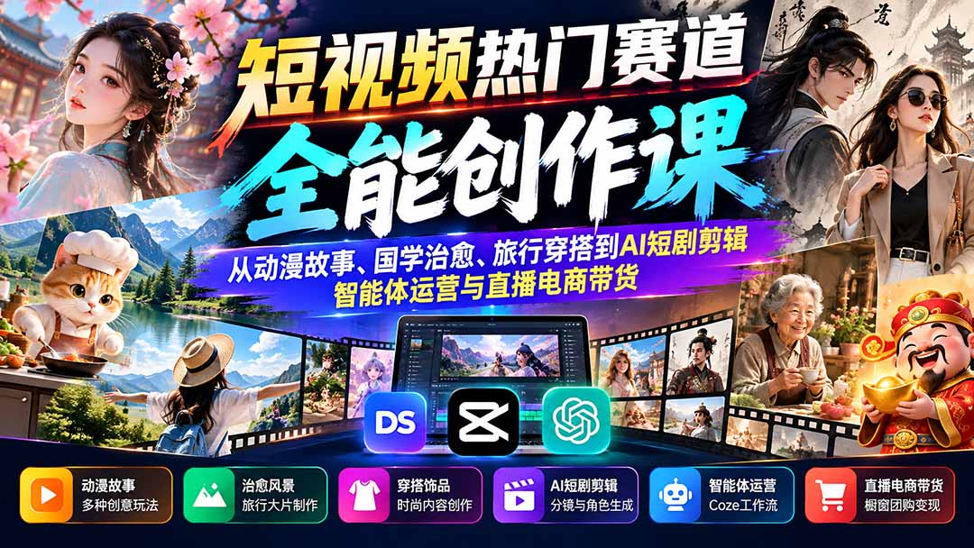 短视频热门赛道全能创作课:从动漫故事、国学治愈、旅行穿搭到AI短剧剪辑、智能体运营与直播电商带货-程拾网络